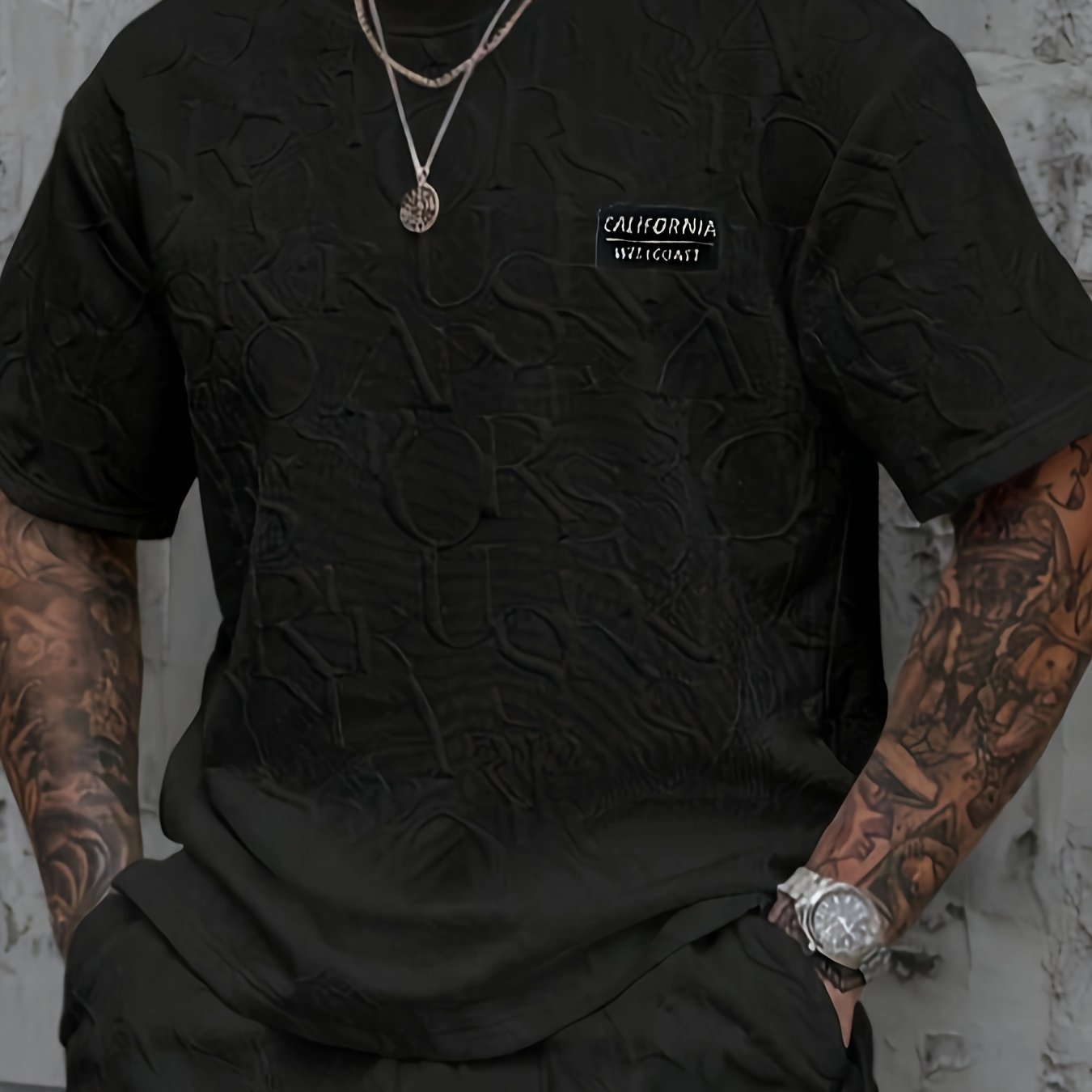 Men's Summer Casual Short Sleeve T-Shirt - Relaxed Fit Round Neck with Vertical Letter Print & Elastic Cuffs, Breathable Fabric for Daily Wear, Commuting & Outdoor Activities, Shirts for Summer
