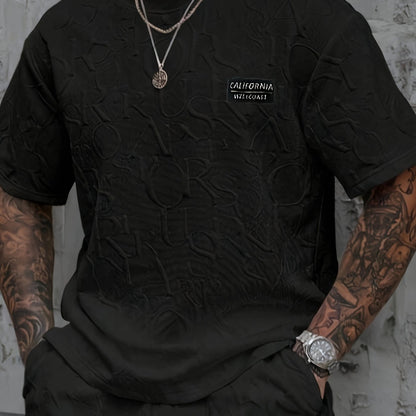 Men's Summer Casual Short Sleeve T-Shirt - Relaxed Fit Round Neck with Vertical Letter Print & Elastic Cuffs, Breathable Fabric for Daily Wear, Commuting & Outdoor Activities, Shirts for Summer