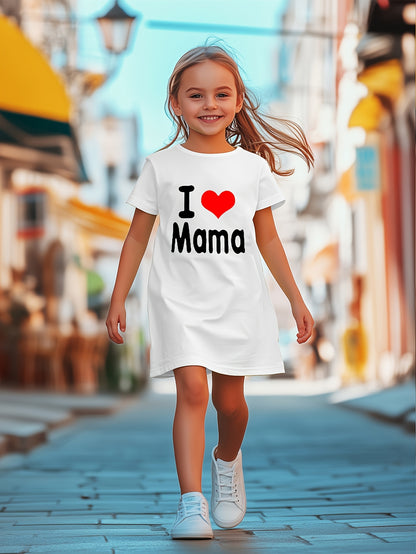 Mother'S Day Gift | "I Love Mama" Red Heart Print Short Sleeve Dress - Casual, Breathable, and Comfortable Polyester Knit, Perfect for Spring/Summer, Mother'S Day Dress | Love Heart Pattern | Comfortable Fit, Mothers Day Dres