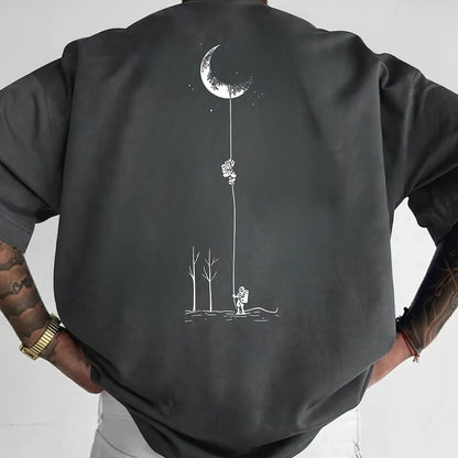 Men's Graphic Print Short Sleeve T-Shirt - Black Relaxed Fit Casual Round Neck, Durable Polyester Fabric, Machine Washable Summer Outdoor Top, Moon And Trees Design | Lightweight Clothing