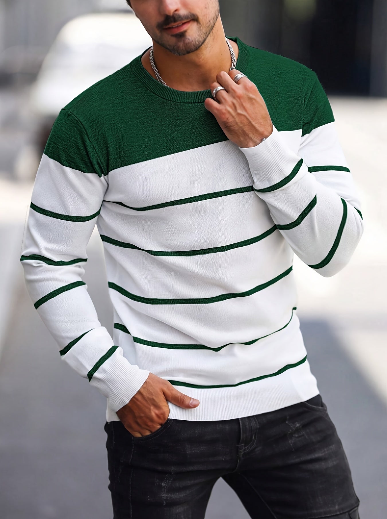 Men's Casual Striped Knit Pullover Sweater - Navy & White Contrast, Regular Fit H-Silhouette, Long Sleeve Crew Neck, Medium Stretch, Machine Washable for Spring & Fall, Mediumstretch Fabric