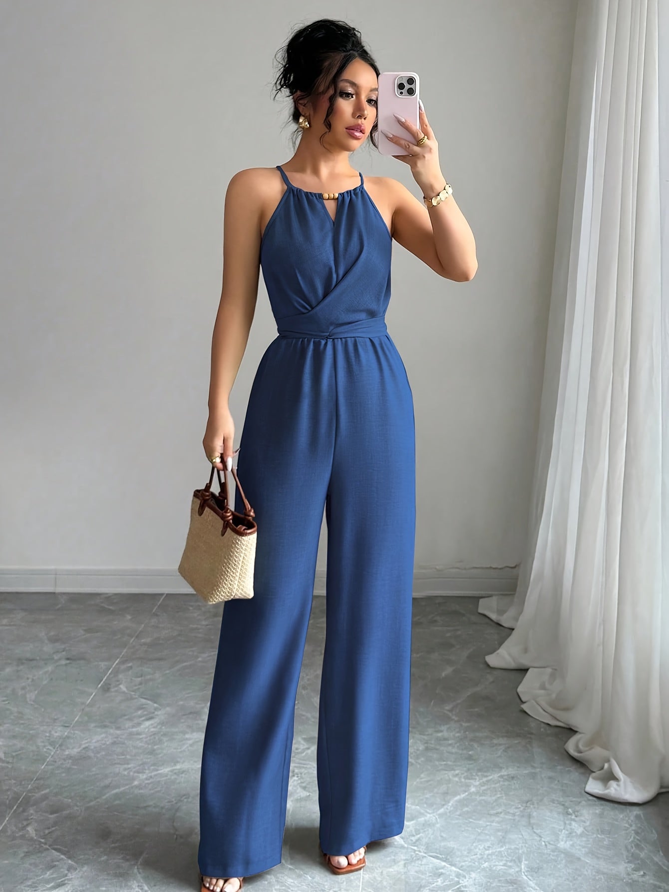 Women'S Elegant Off-Shoulder Twist Front Jumpsuit - Beige Wide-Leg Jumpsuit with Adjustable Waist Tie, Perfect for Spring & Summer Casual or Dressy Outfits, Casual Chic Wear | Offshoulder Fashion | Polyester Fabric