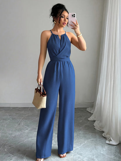 Women'S Elegant Off-Shoulder Twist Front Jumpsuit - Beige Wide-Leg Jumpsuit with Adjustable Waist Tie, Perfect for Spring & Summer Casual or Dressy Outfits, Casual Chic Wear | Offshoulder Fashion | Polyester Fabric