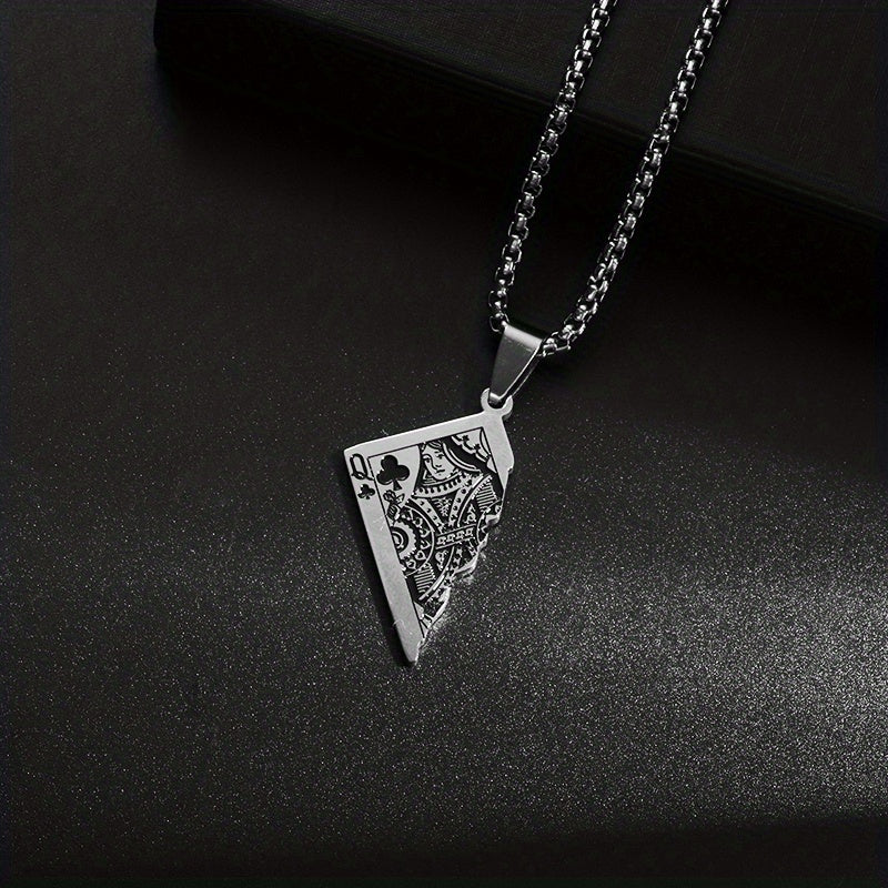 1pc Stainless Steel Half-Heart Playing Card Pendant Necklace - Punk Gothic Style Intricate Spade & Heart Design Durable Unisex Jewelry Gift for Men Women, Heart Pendant Necklace, Statement Accessory, Polished Metallic Finish