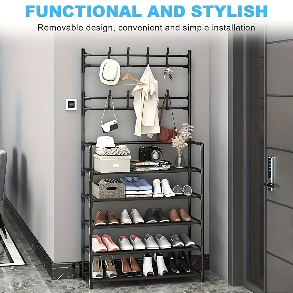 1pc Multi-Functional Entryway Organizer - Heavy-Duty Shoe Rack & Coat Hanger with Hooks, Space-Saving Hallway Storage Cabinet, Easy Assembly No Tools Needed, Sturdy Metal/Plastic Construction for Living Room, Bedroom, Office