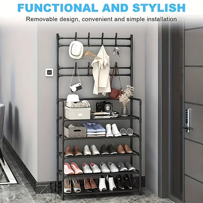 1pc Multi-Functional Entryway Organizer - Heavy-Duty Shoe Rack & Coat Hanger with Hooks, Space-Saving Hallway Storage Cabinet, Easy Assembly No Tools Needed, Sturdy Metal/Plastic Construction for Living Room, Bedroom, Office
