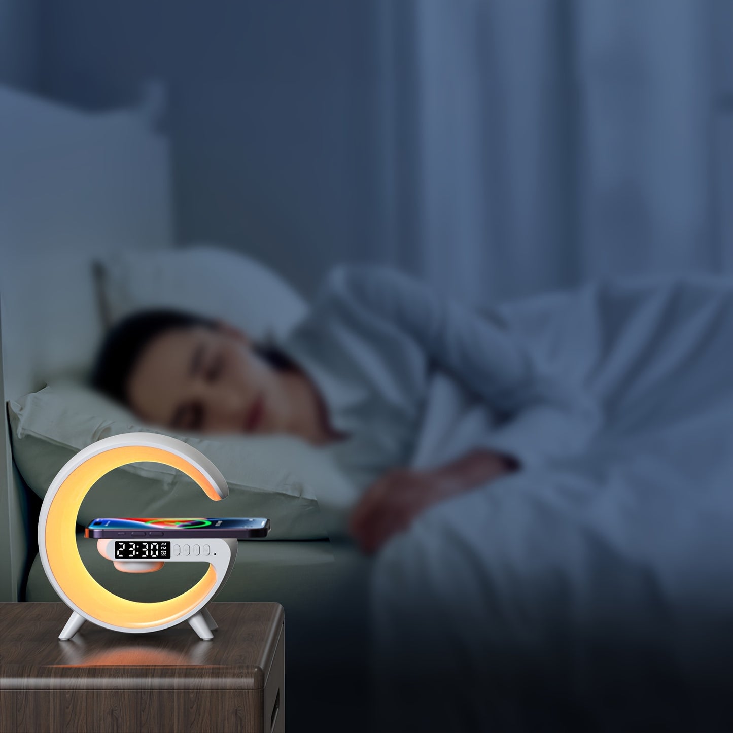 Wireless Speaker Rhythm RGB Light Bar Smart Light Sunrise Alarm Clock Wake Up Light Alarm for Bedroom Dimmable Table Lamp with Fast Wireless Charger Alarm for Heavy Sleeping Adults Bedroom, Dorm, Gift