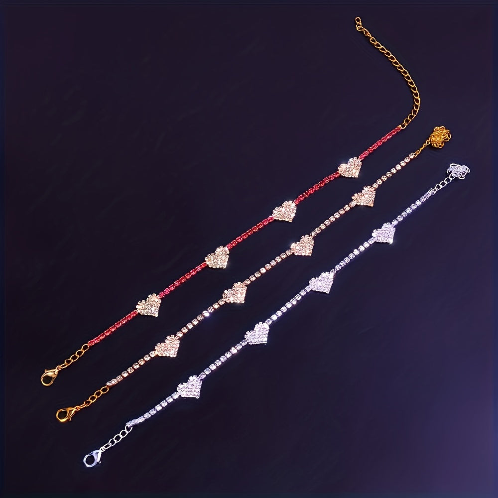 Elegant Rhinestone Heart Charm Anklet for Women, Copper with Specialty Plating, Versatile Foot Jewelry for Daily Wear - Single Pack