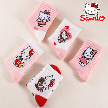 10 Pairs Hello Kitty Girls Socks, Cute Cartoon Sanrio Ankle Crew Socks, Breathable Soft Knit, Pink Red Heart Pattern, Spring Fall Winter Toddler Socks