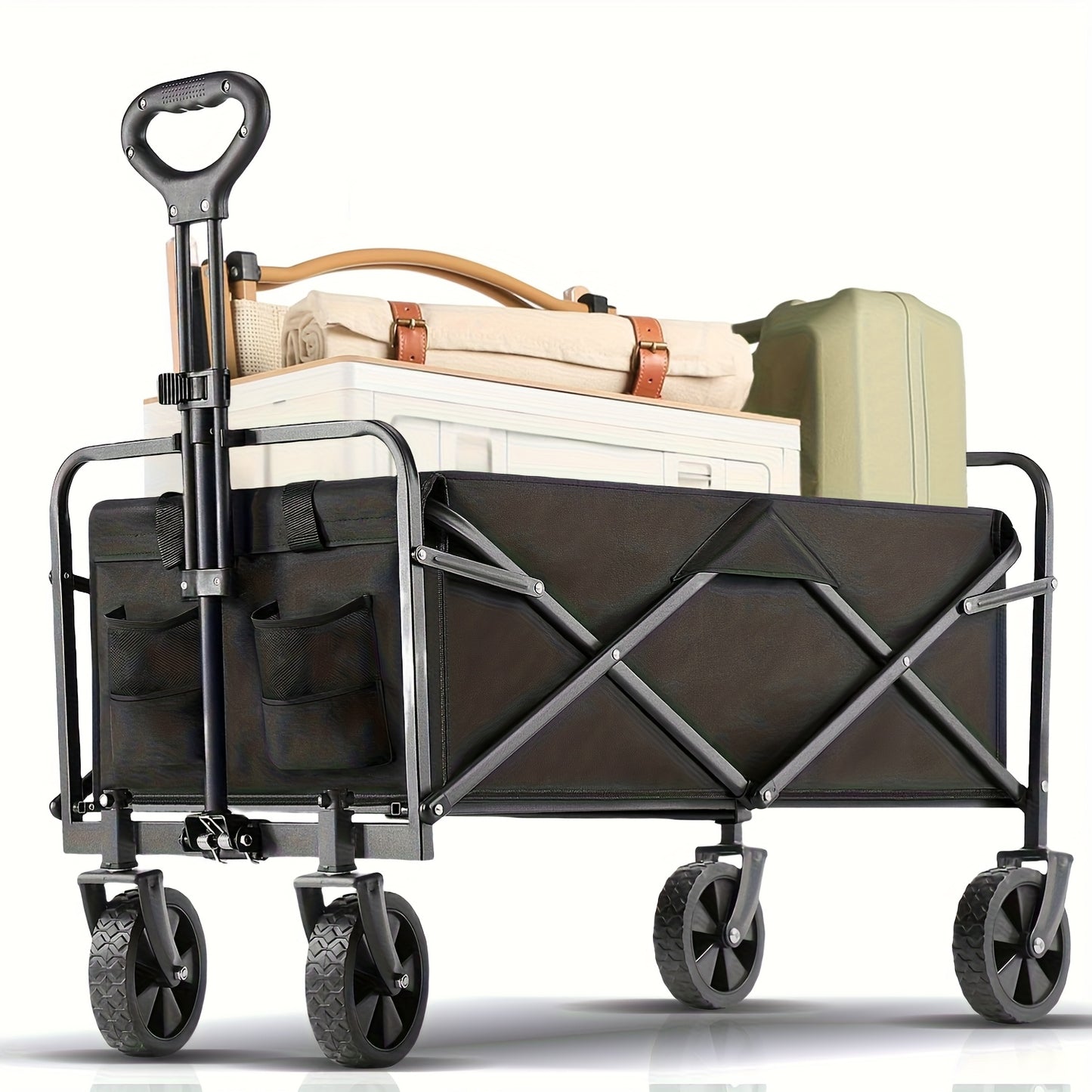 One piece Foldable camper with wheels, garden cart, multi-purpose heavy-duty four-wheeler for sports, gardening, camping and shopping, heavy duty, large capacity, black