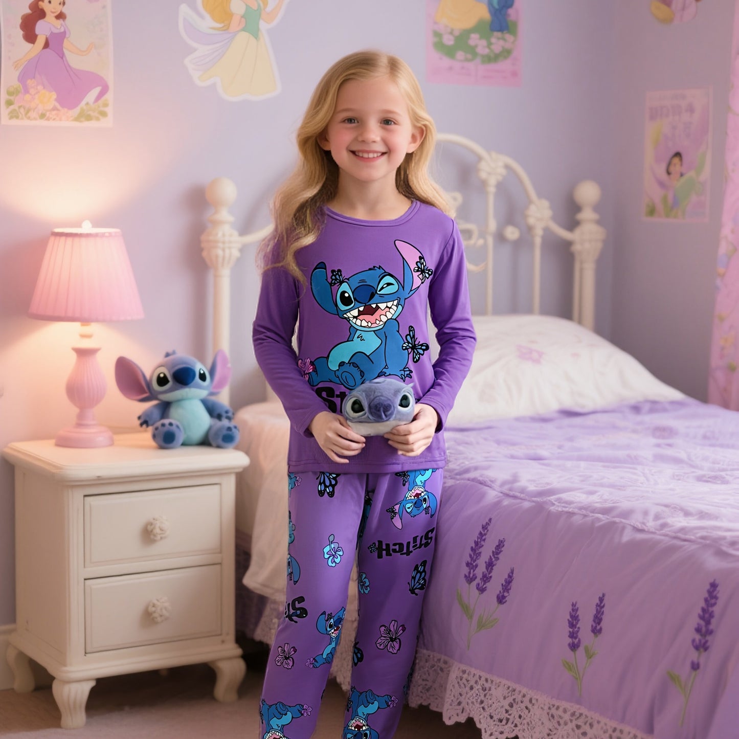 Little 's Fireproof Disney Stitch Long-Sleeve T-Shirt + Random Print Stitch Butterfly Pants Set - Soft, Comfortable Casual Loungewear for Autumn/Winter Holidays, Holiday Pajamas, Home Comfort Wear, Playful Fashion, Soft Fabri