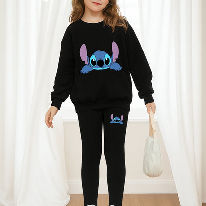 2pcs Disney Girls' Lilo & Stitch Print Sweatshirt and Leggings Set - Soft Stretchy Crewneck Outfit with Cartoon Character Design, All-Season Machine Washable Casual Wear for Ages 5-12, Everyday 's Clothing, Playtime Clothes,