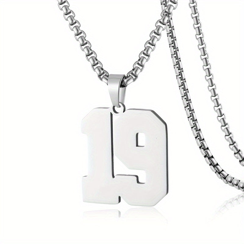 0-19 Men Athletes Number Pendant Necklace Stainless Steel Sports Number Pendant Long Chain Necklaces for Boys Baseball/Basketball/Football Team Jewelry Gifts
