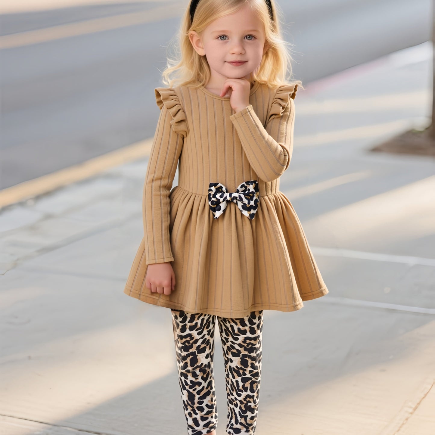 2pcs Set. Girls' Autumn and Winter Casual Outfit, Plush Ribbed Long Sleeve Top with Bow Detail, Leopard Print Pants, Perfect for Outdoor Activities and Sports Vacation as a Gift, Perfect for Outdoor