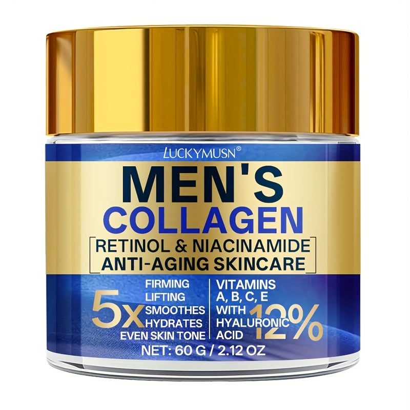 60g LUCKY MUSN Men's Retinol Collagen Moisturizing Cream with Hyaluronic Acid, Caffeine, Vitamin C & E - Firming & Lifting Skincare, 5X Smoothing, 5.5X Firming, 12% Brightening, Easy-Absorb Non-Greasy Formula for All Light Be