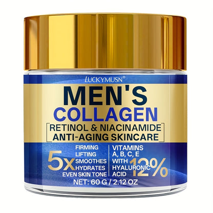 60g LUCKY MUSN Men's Retinol Collagen Moisturizing Cream with Hyaluronic Acid, Caffeine, Vitamin C & E - Firming & Lifting Skincare, 5X Smoothing, 5.5X Firming, 12% Brightening, Easy-Absorb Non-Greasy Formula for All Light Be