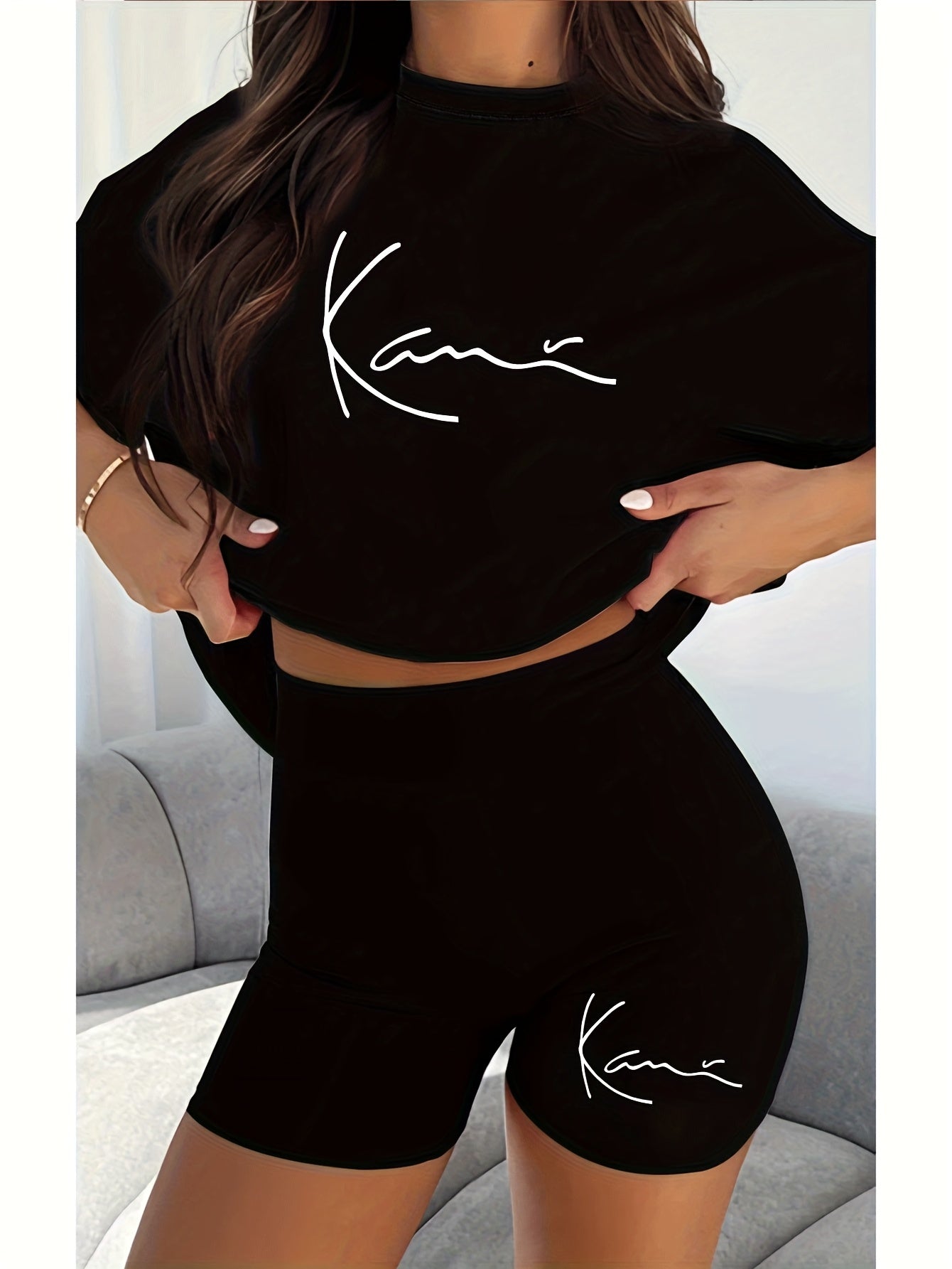 New fashionable casual creative pattern printed Women's fashion set, spring and summer new fashionable casual round neck T-shirt&sports shorts two-piece set