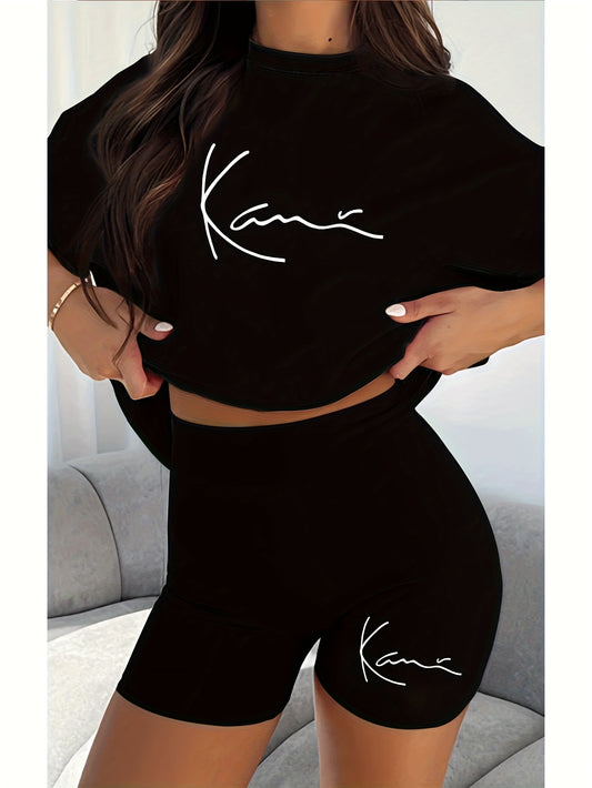 New fashionable casual creative pattern printed Women's fashion set, spring and summer new fashionable casual round neck T-shirt&sports shorts two-piece set