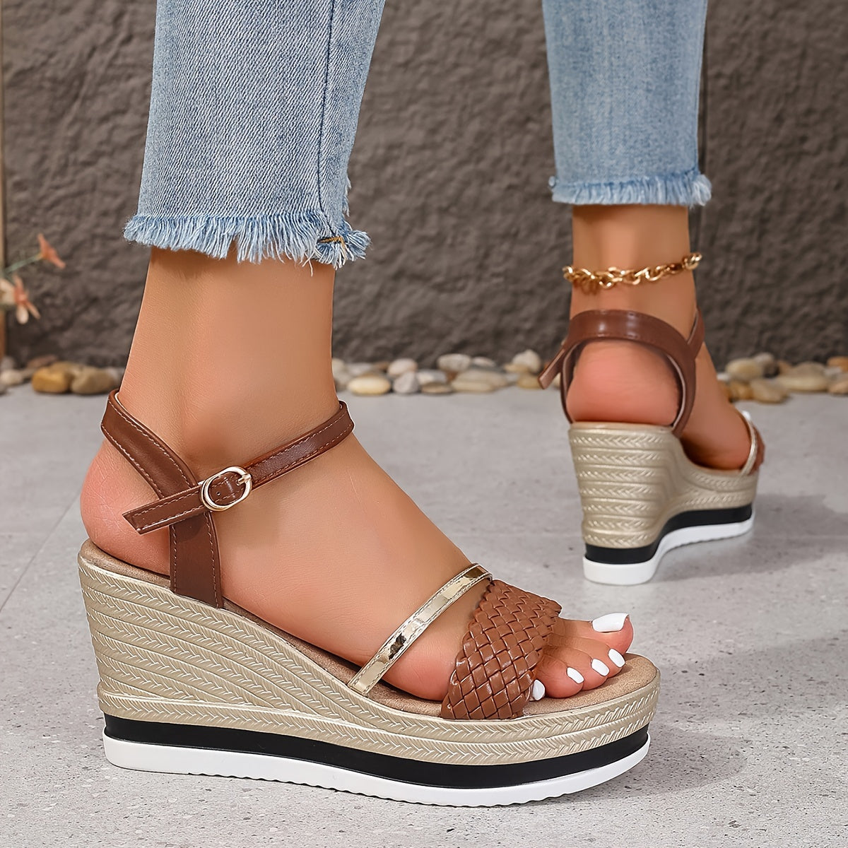 2024 New Arrival - Elegant 8.5cm High Heel Sandals with Golden & White Strap Design, Comfortable Platform Wedge for Women, Summer Fashion Footwear, Stylish Ankle Accessories | Elegant High Heel | Platform Wedge Sandals