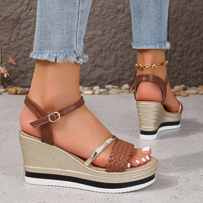 2024 New Arrival - Elegant 8.5cm High Heel Sandals with Golden & White Strap Design, Comfortable Platform Wedge for Women, Summer Fashion Footwear, Stylish Ankle Accessories | Elegant High Heel | Platform Wedge Sandals