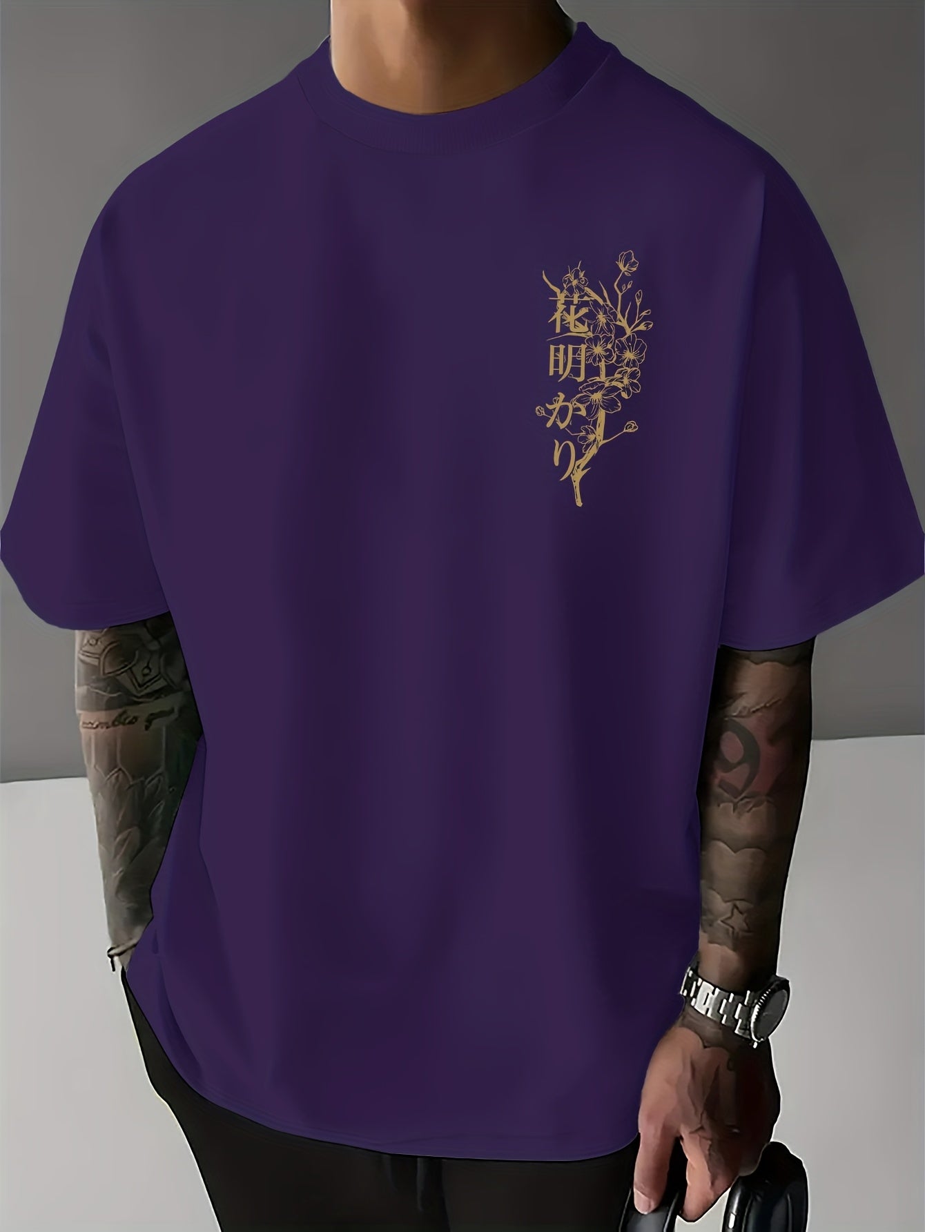 Men's Japanese Sakura Cherry Blossom & Text Print Casual T-Shirt - Black with Golden Floral Print Design, Loose Fit Round Neck, Breathable Summer Fabric, Machine Washable, Relaxed Fit Clothing, Elegant Design Shirt