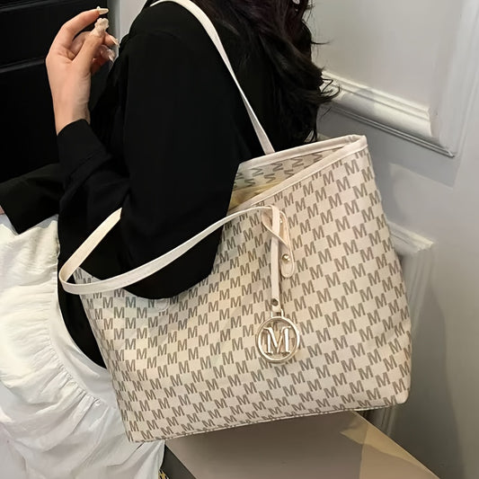 2025 Women's Designer-Inspired Large Tote Bag - Geometric Synthetic Leather Handbag with Detachable Golden Chain Strap & 'M' Monogram Accent, Lightweight Work Purse for Office, School, Shopping - Coffee Brown, Beige, Black -
