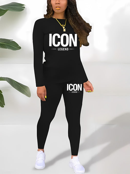 ‘ICON LEGEND’! Printed Casual Round Neck Long Sleeve T-Shirt and Pants Fashion Set, Letter Pattern Print, Suitable for All Seasons, Women’s Two-Piece Outfit, Ladies’ Pants Suit