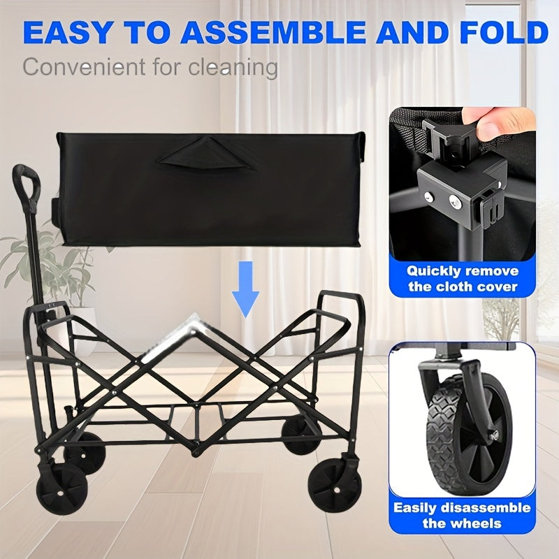 One piece Foldable camper with wheels, garden cart, multi-purpose heavy-duty four-wheeler for sports, gardening, camping and shopping, heavy duty, large capacity, black
