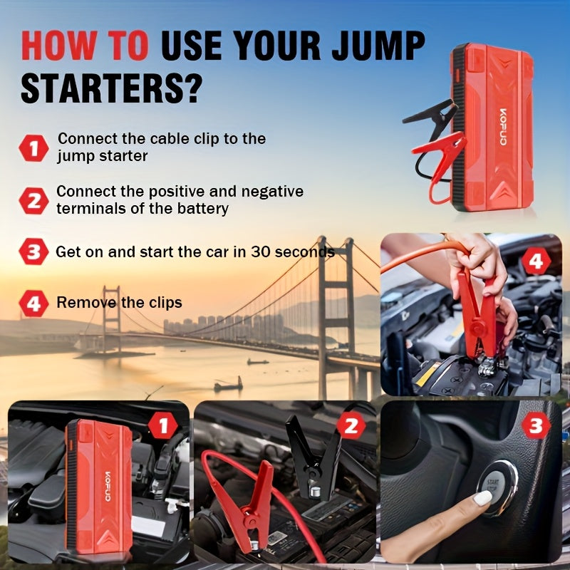 KOPUO 4000A Car Battery Jump Starter - Portable 12V Jump Box with USB/Power Bank, Dual Output, LED Light, and 8, 5L Gas/7, 0L Diesel Engine Compatibility for Cars, Trucks, SUVs, and Motorcycles, Car Jump Starter Battery Pack,