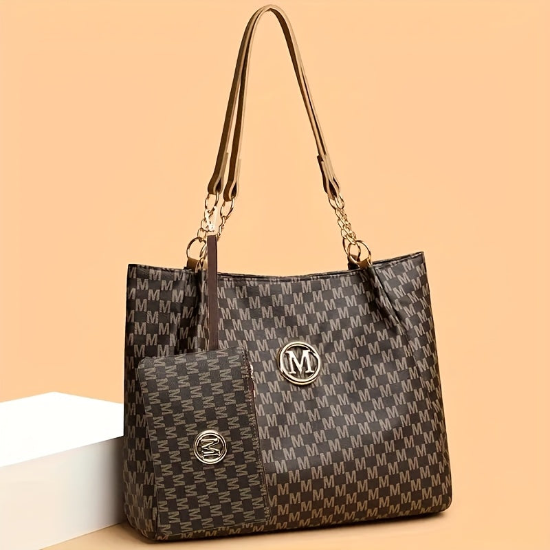 2pcs Women's Vintage Shoulder Bag Set, Large Capacity Tote Bag with Fixed Shoulder Strap, Synthetic, Zipper Closure, Polyester Lining, Lightweight, Random Print Design, Perfect for Daily Commuting and Carrying Cell Phones,