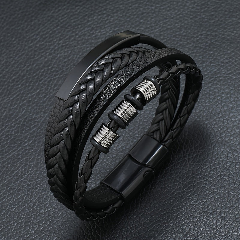 New Hot Selling Men's Vintage Hand-woven Multi-layer Beaded Alloy Magnetic Buckle PU Men's Bracelet