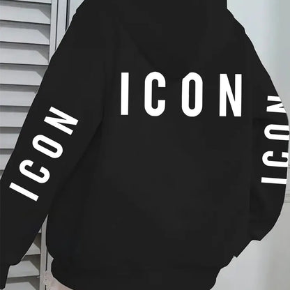 1pc Women'S Pink Hoodie with "ICON" Letter Print - Cozy Long-Sleeve Zip-Up Sweatshirt, Machine Washable, Casual Fall/Winter Pullover with Pockets, Casual Winter Wear | Trendy Casual Hoodie | Machine Washable Fabric