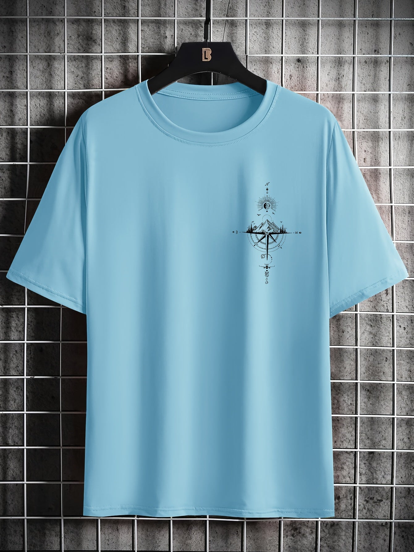 Men's Casual Compass Print T-Shirt - Breathable Polyester, Crew Neck, Short Sleeve - Perfect for Summer