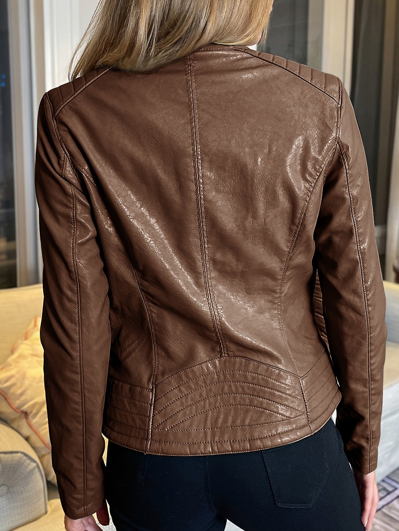 Women's PUPU PU Leather Slim Fit Jacket, Street Retro Elegance Solid Color Zippered Short Autumn and Winter Motorcycle Jacket