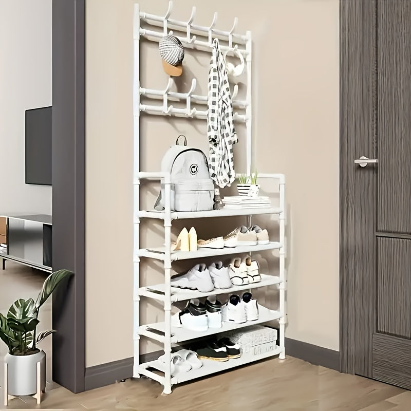 Clothes and Hat Rack, Freestanding Shoe Shelf with Sturdy Thick Metal Plastic Hooks – Space-Saving Modern Design for Shoes, Hats, and Clothes. Easy to Assemble for Living Room, Bedroom & Home Office, Hat Organizer, Home Org