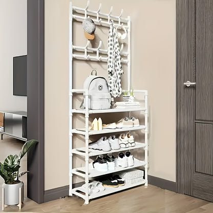 Clothes and Hat Rack, Freestanding Shoe Shelf with Sturdy Thick Metal Plastic Hooks – Space-Saving Modern Design for Shoes, Hats, and Clothes. Easy to Assemble for Living Room, Bedroom & Home Office, Hat Organizer, Home Org