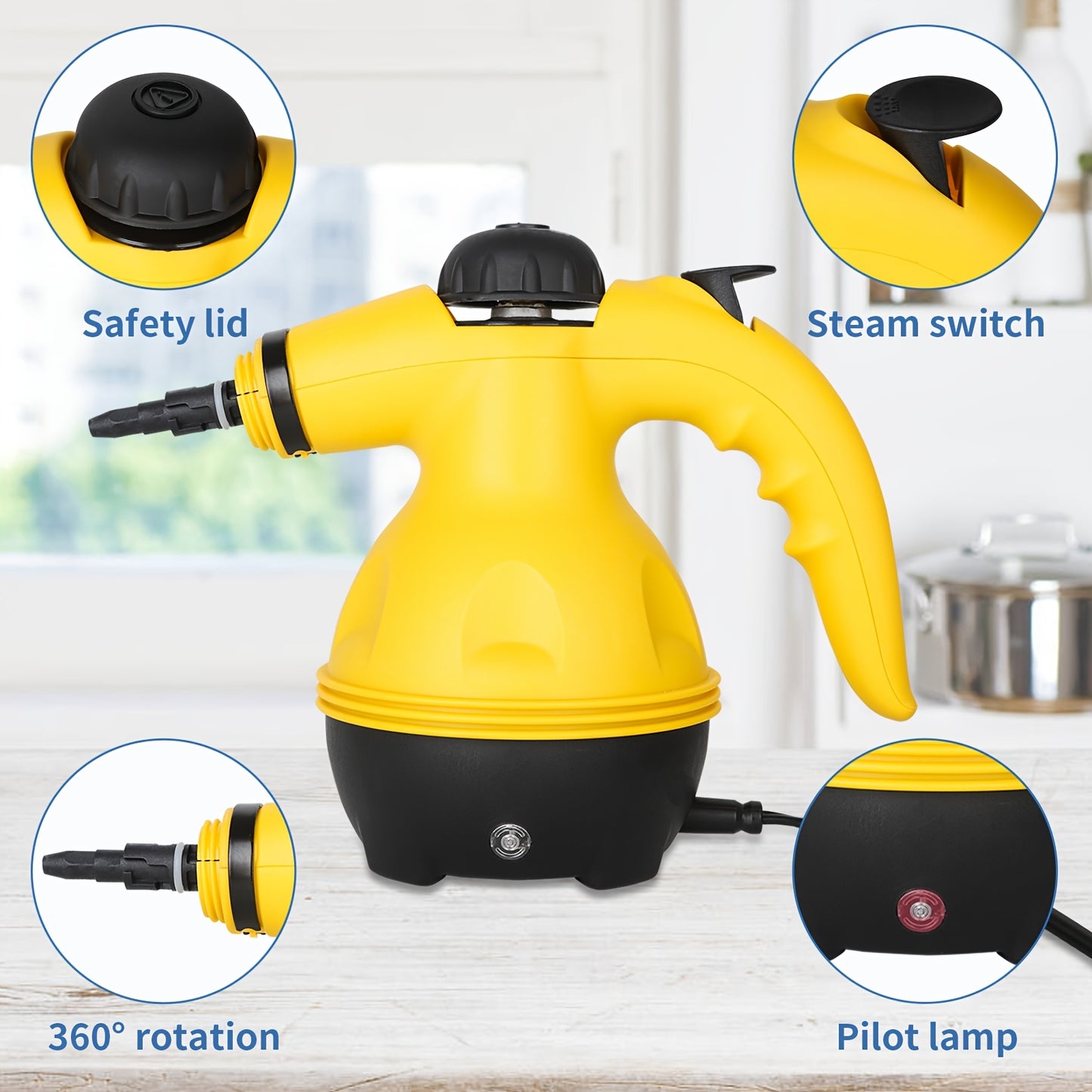 ESUPER Handheld Pressurized Steam Cleaner - 600W 220-240V Multi-Surface Steamer with 3 Brush Heads, 2 Nozzles & 2 Attachments for Home, Car, Upholstery, Grout - Ergonomic Design, Durable ABS Resin, European Plug, 350ml Capaci