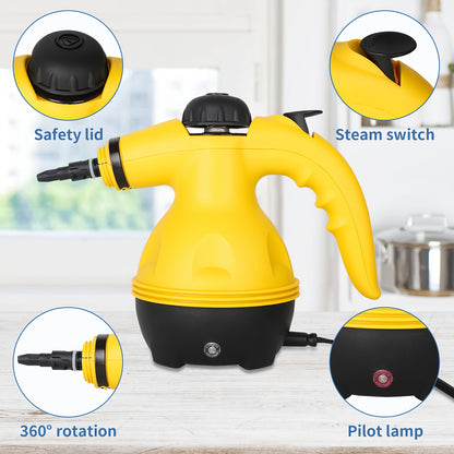 ESUPER Handheld Pressurized Steam Cleaner - 600W 220-240V Multi-Surface Steamer with 3 Brush Heads, 2 Nozzles & 2 Attachments for Home, Car, Upholstery, Grout - Ergonomic Design, Durable ABS Resin, European Plug, 350ml Capaci