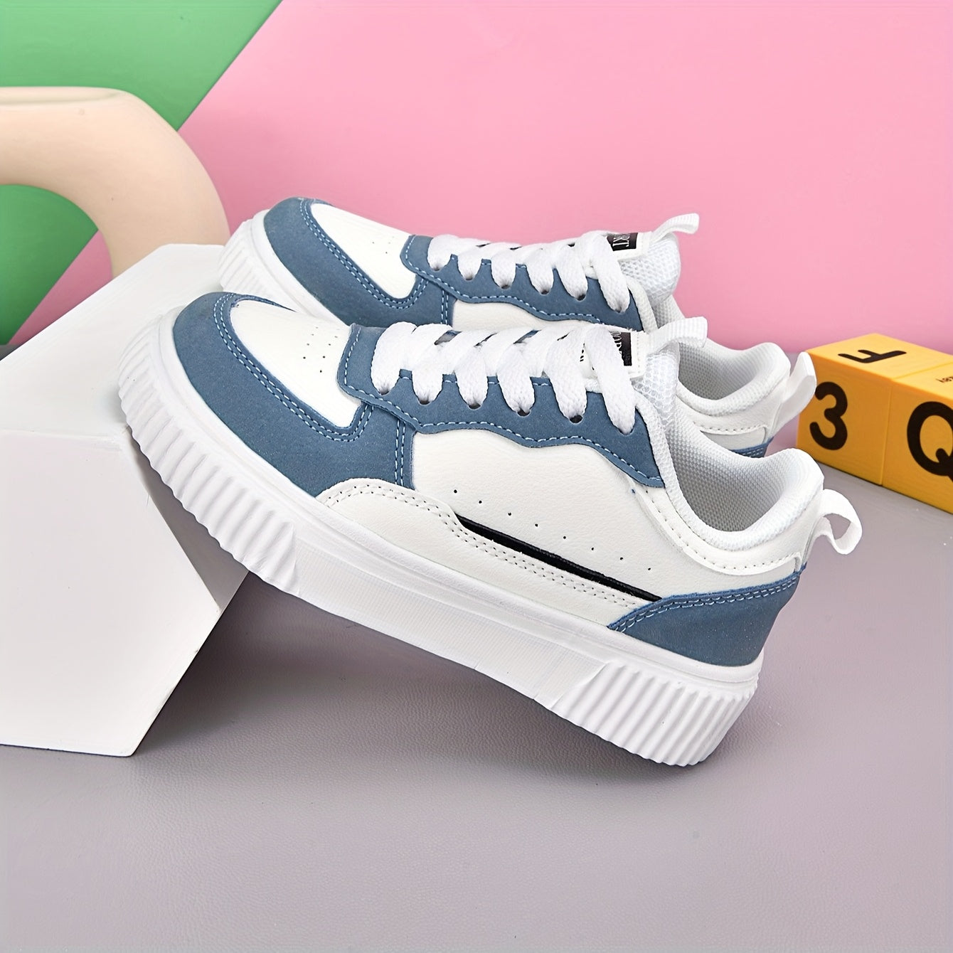 Boys Girls Low-Top Casual Sneakers - White & Navy Blue Synthetic Cover with EVA Cushioned Sole, Breathable Fabric Lining & Durable Durable Traction for School, Sports & Casual Attire, School Shoes, Sleek Shoe Design