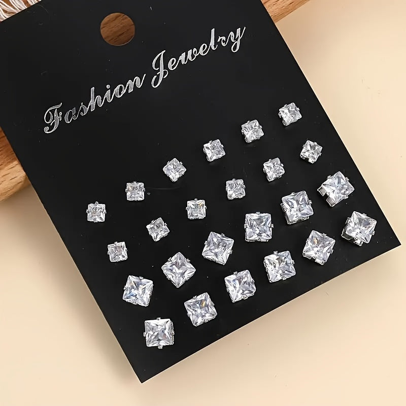 12-Pair Set Elegant Square Cubic Zirconia Stud Earrings for Men, Fashion Simple Iron Non-Plated Stainless Steel Post Ear Studs, Hypoallergenic Casual Daily Jewelry Gift
