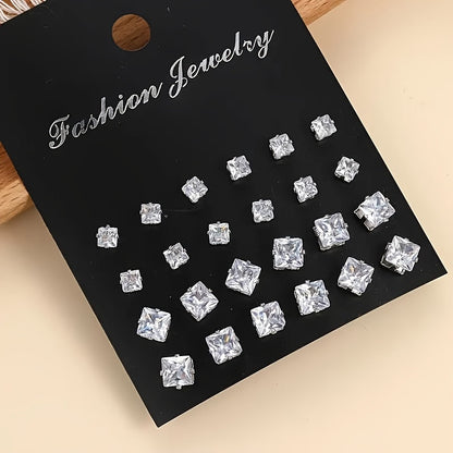 12-Pair Set Elegant Square Cubic Zirconia Stud Earrings for Men, Fashion Simple Iron Non-Plated Stainless Steel Post Ear Studs, Hypoallergenic Casual Daily Jewelry Gift