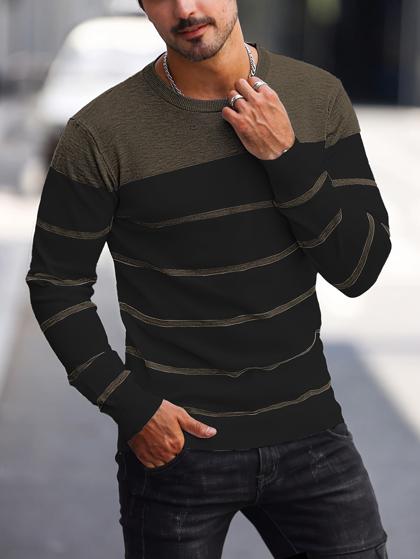 Men's Casual Striped Knit Pullover Sweater - Navy & White Contrast, Regular Fit H-Silhouette, Long Sleeve Crew Neck, Medium Stretch, Machine Washable for Spring & Fall, Mediumstretch Fabric