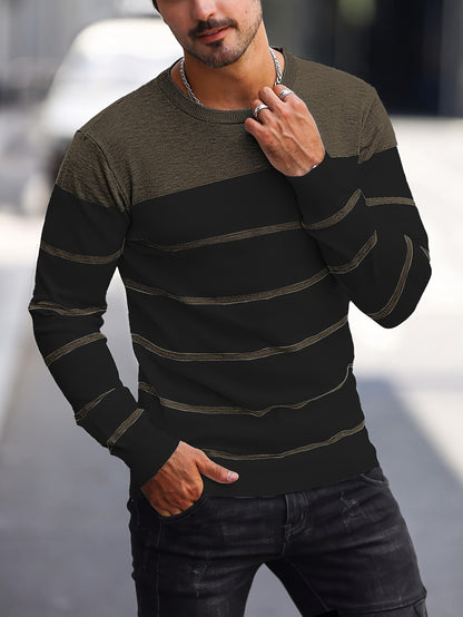 Men's Casual Striped Knit Pullover Sweater - Navy & White Contrast, Regular Fit H-Silhouette, Long Sleeve Crew Neck, Medium Stretch, Machine Washable for Spring & Fall, Mediumstretch Fabric