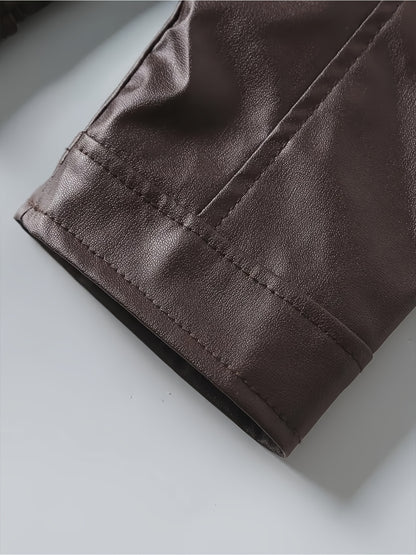 1pc Men'S Casual Faux Leather Jacket with Stand Collar, Solid Color Motorcycle Coat, Regular Fit with Pockets, Non-Stretch Woven Fabric - Spring/Fall Fashion Outerwear