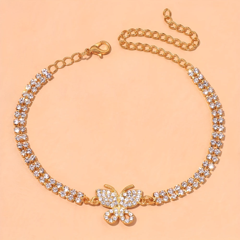 Bling Bling Butterfly Cuban Chain Anklet Inlaid Shiny Rhinestone Hip Hop Style Ankle Bracelet For Women Men
