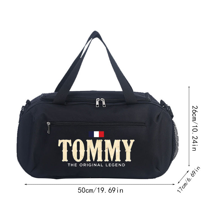 1pc Tommy Logo Print Large Duffel Bag for Men - Heavy-Duty Gym & Travel Sports Bag with Shoe Compartment, Wet/Dry Pocket, Adjustable Strap - Iconic Branding (Tommy-Legends Design) - Casual Carry-On for Athletes & Weekend Geta