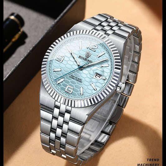 BINBOND Men's Sporty Elegant Quartz Watch with Date Display, Luminous Hands & Two-Tone Golden & Black Stainless Steel Band - High Quality Business Casual Watch for Everyday & Formal Wear, Versatile Wristwatch, Sophisticated D