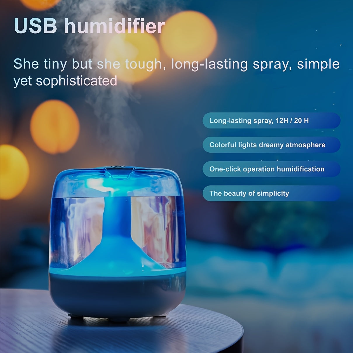 Colorful Acrylic Humidifier with Night Light - Continuous & Intermittent Spray, Essential Oil Diffuser, 7 Color LED Light, USB Powered, Ideal for Living Room, Bedroom, Office, Bedroom Humidifier | Modern Humidifier | Colorful