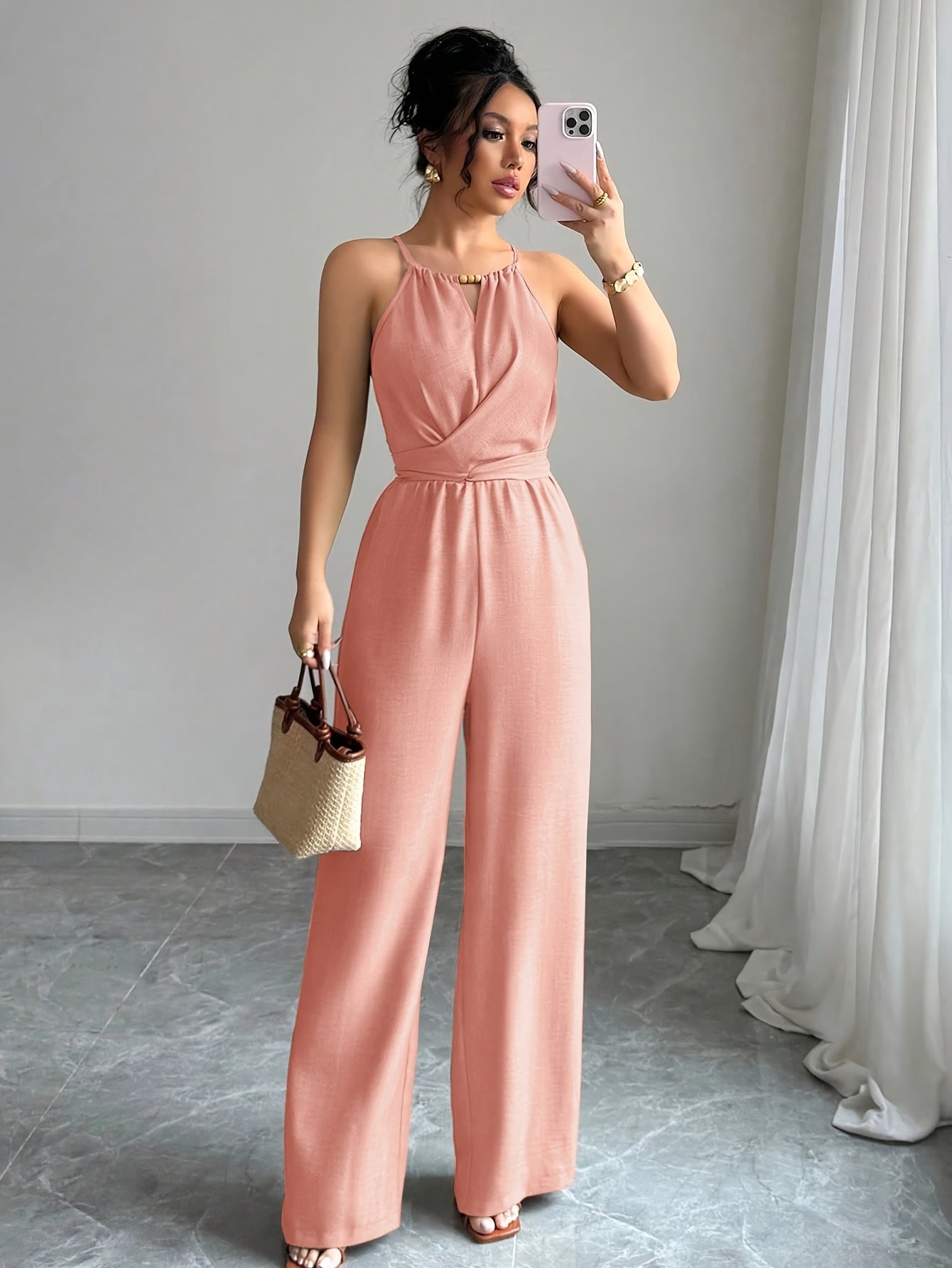 Women'S Elegant Off-Shoulder Twist Front Jumpsuit - Beige Wide-Leg Jumpsuit with Adjustable Waist Tie, Perfect for Spring & Summer Casual or Dressy Outfits, Casual Chic Wear | Offshoulder Fashion | Polyester Fabric