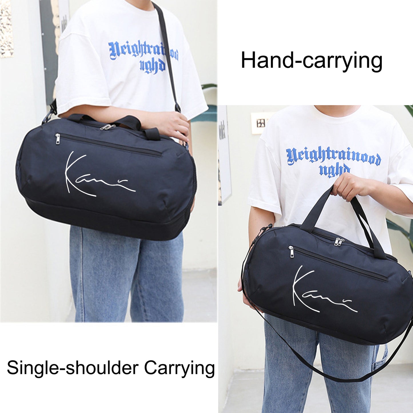 Karl Kani KK Signature Letter Print Duffel Bag, Athletic Carryall, Large Capacity Lightweight Sports Bag with Reinforced Grab Handles, Machine Washable Oxford Fabric for Yoga, Fitness Training, handbag for teenager